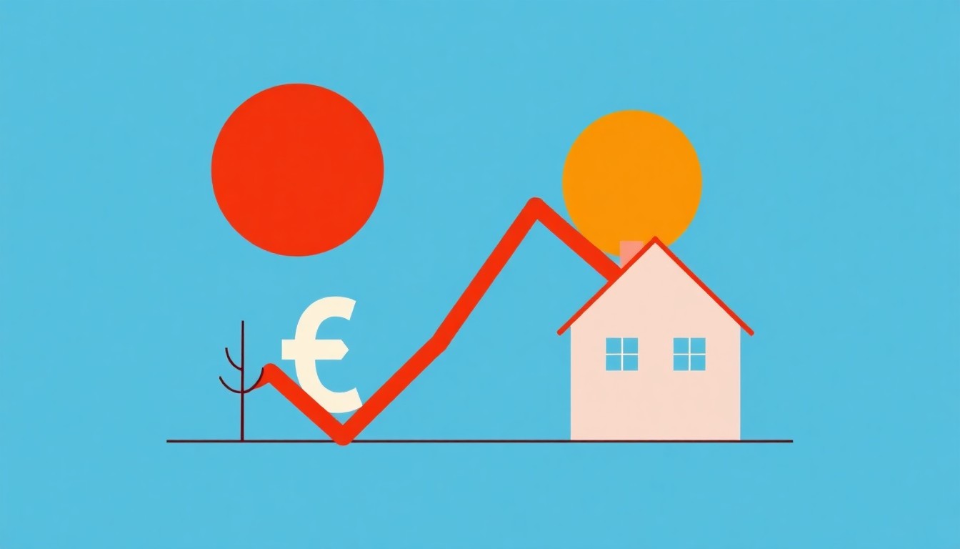 A geometric abstract illustration featuring overlapping triangles and circles in shades of blue, green, and red, conceptually representing the volatility and interconnectedness of currency markets, interest rates, and the housing sector.