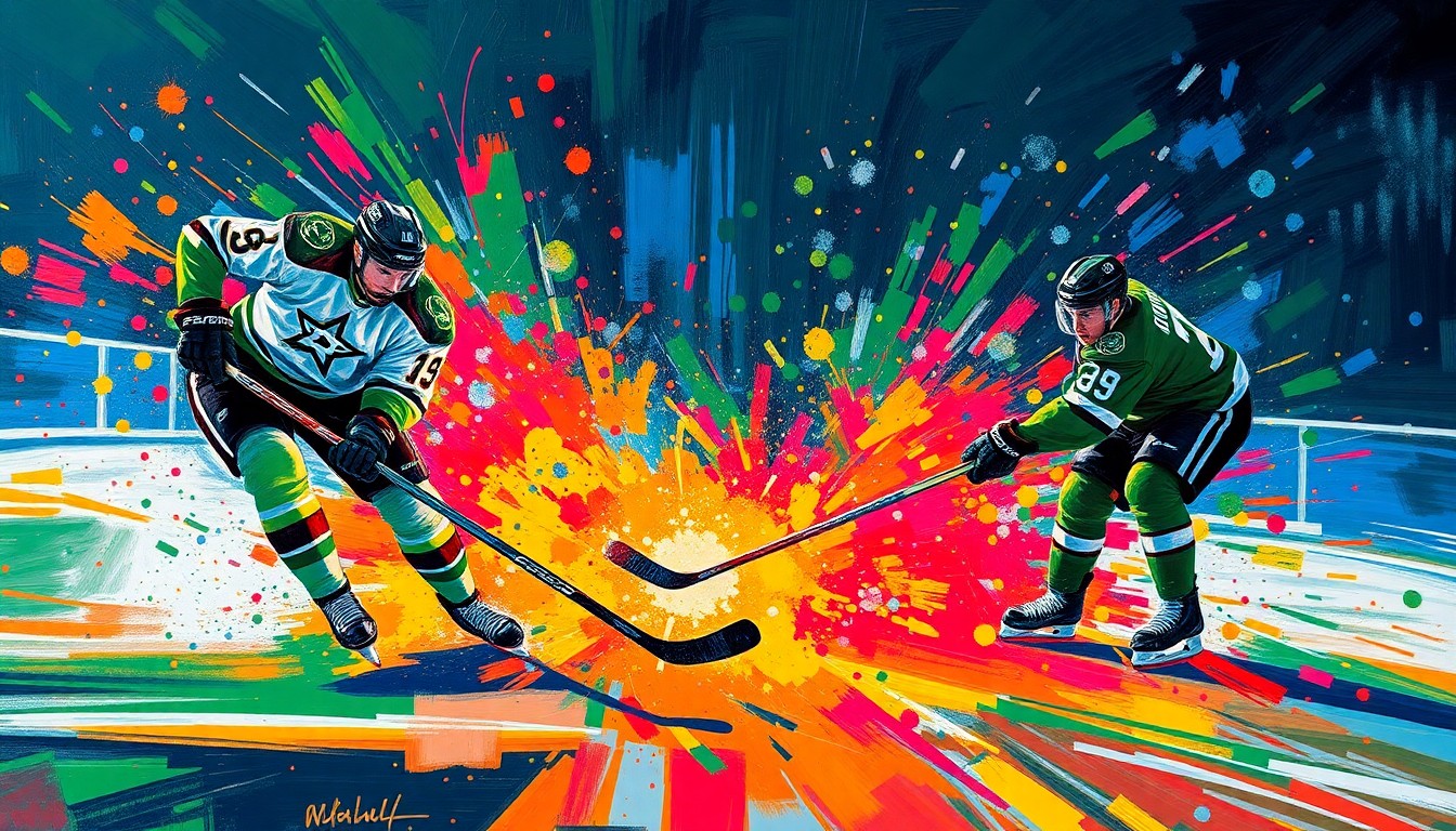 An abstract, expressionist painting in vibrant neon colors, with rapid brushstrokes capturing the raw energy and physicality of a hockey game, the players' forms dissolved into unrecognizable splatters of paint.