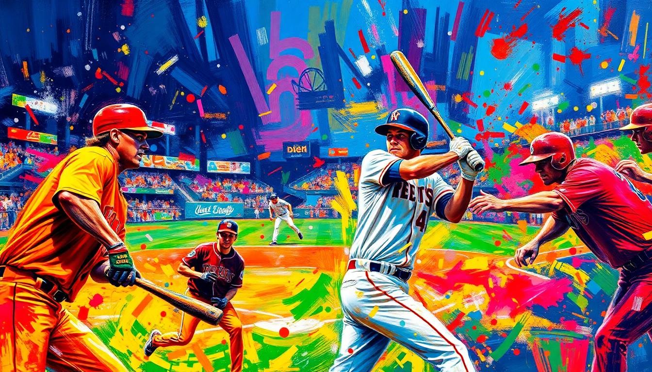 An abstract, expressionist painting in vibrant neon colors, capturing the energy and motion of a baseball game with players' forms dissolving into bold, sweeping brushstrokes.