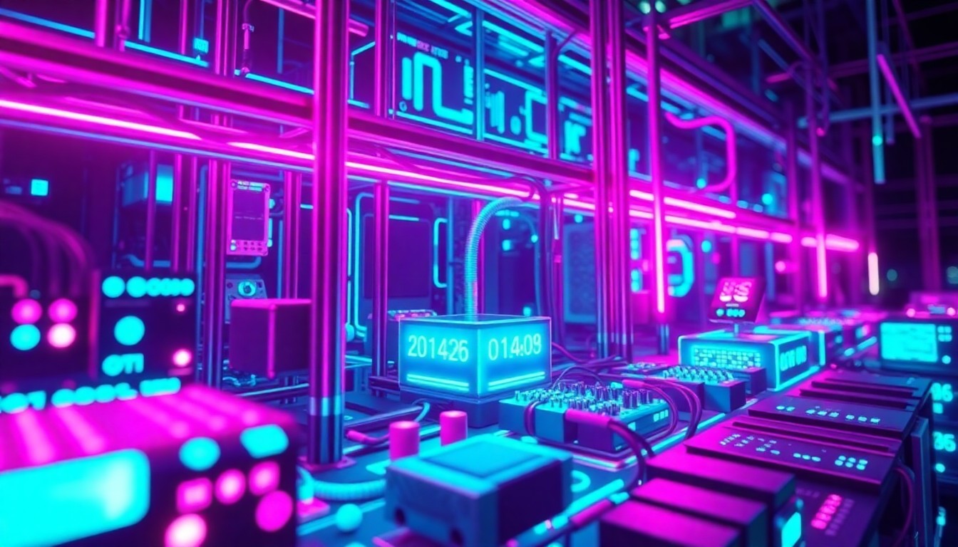 A highly detailed, glowing 3D illustration of various interconnected tech components and hardware, representing the complex digital infrastructure underlying the creator economy's outsourced workforce.