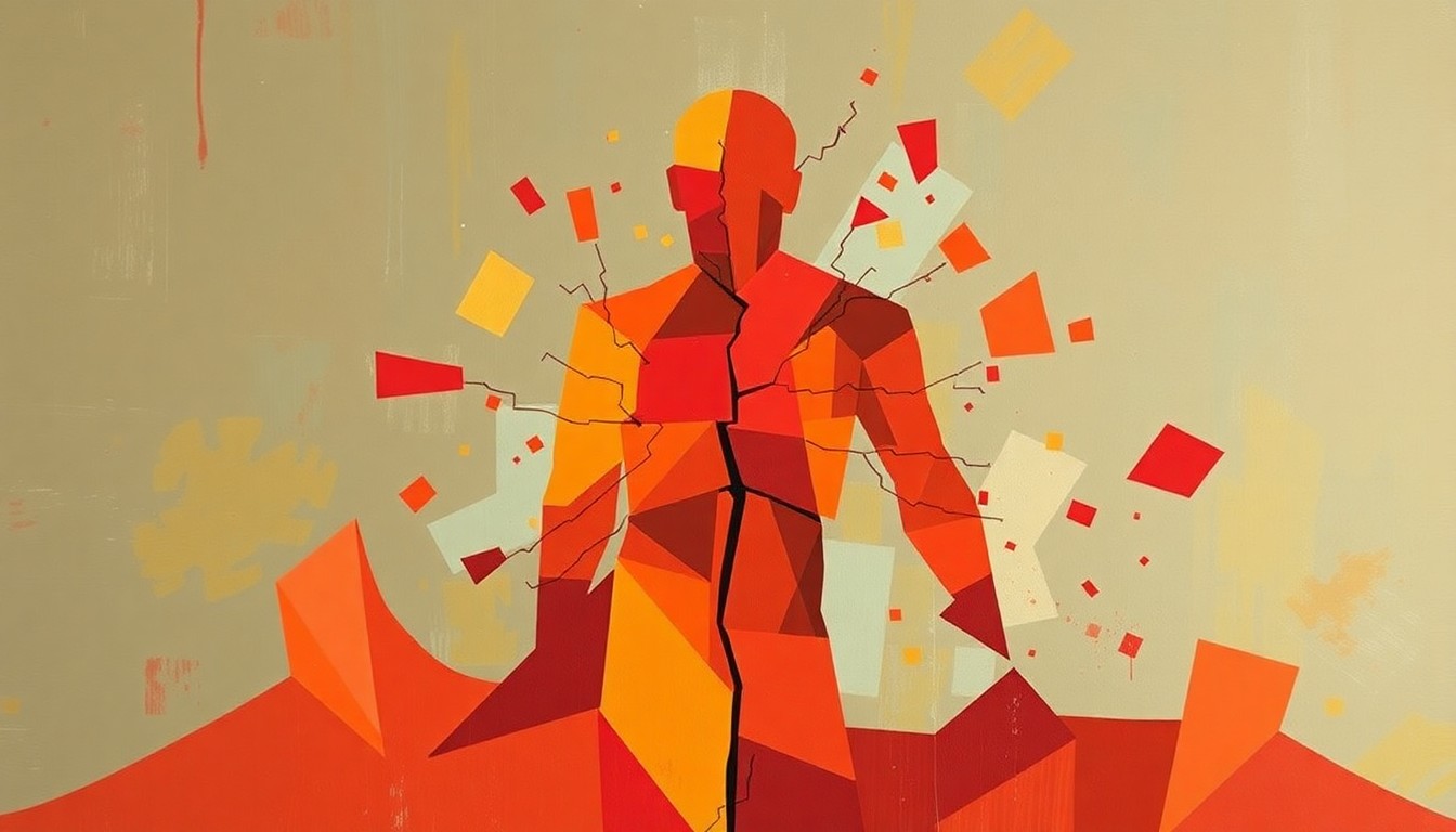 An abstract, fragmented painting in warm tones of red, orange, and yellow, conveying a sense of political conflict and division through overlapping geometric shapes and brushstrokes.