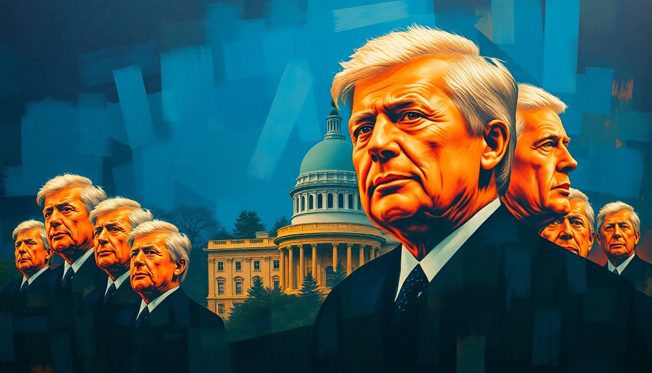 An abstract, fragmented painting in shades of blue, green, and orange depicting a blurred, repeating image of a political figure or government building, conveying a sense of turbulence and disruption in the political process.