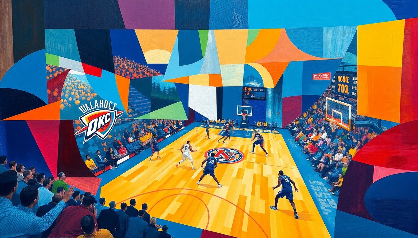 A cubist, geometric painting depicting a basketball game between the Thunder and Nuggets, with the players and court action broken down into overlapping planes of vibrant team colors.