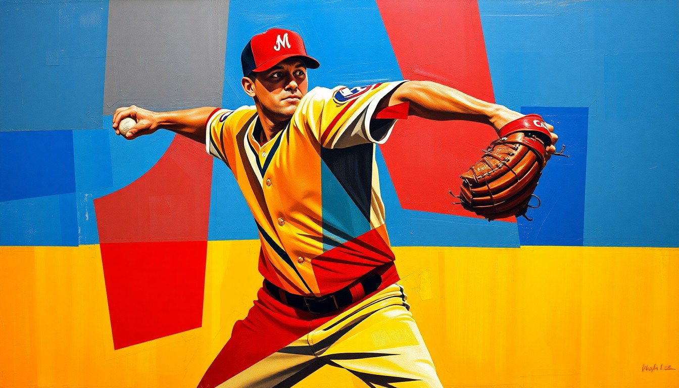 A fragmented, multi-angled painting depicting a baseball pitcher's motion broken down into sharp, overlapping geometric shapes in a bold color scheme, conceptually representing the dominant performance of Reds pitcher Chase Burns.