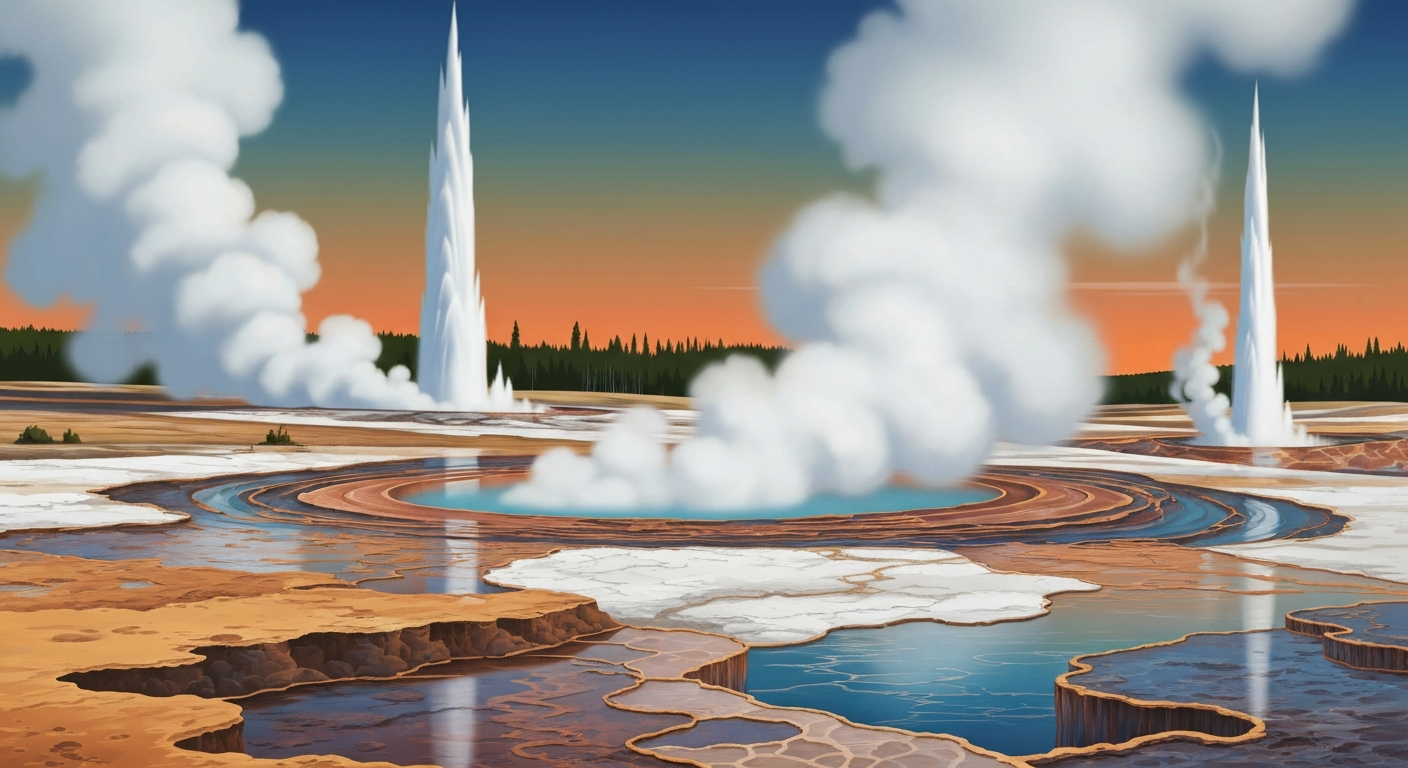 A highly stylized, geometric illustration depicting the towering, sweeping forms of Yellowstone's geysers and hot springs, rendered in bold, airbrushed gradients of blues, greens, and oranges, conveying the grand scale and inherent danger of the park's natural wonders.