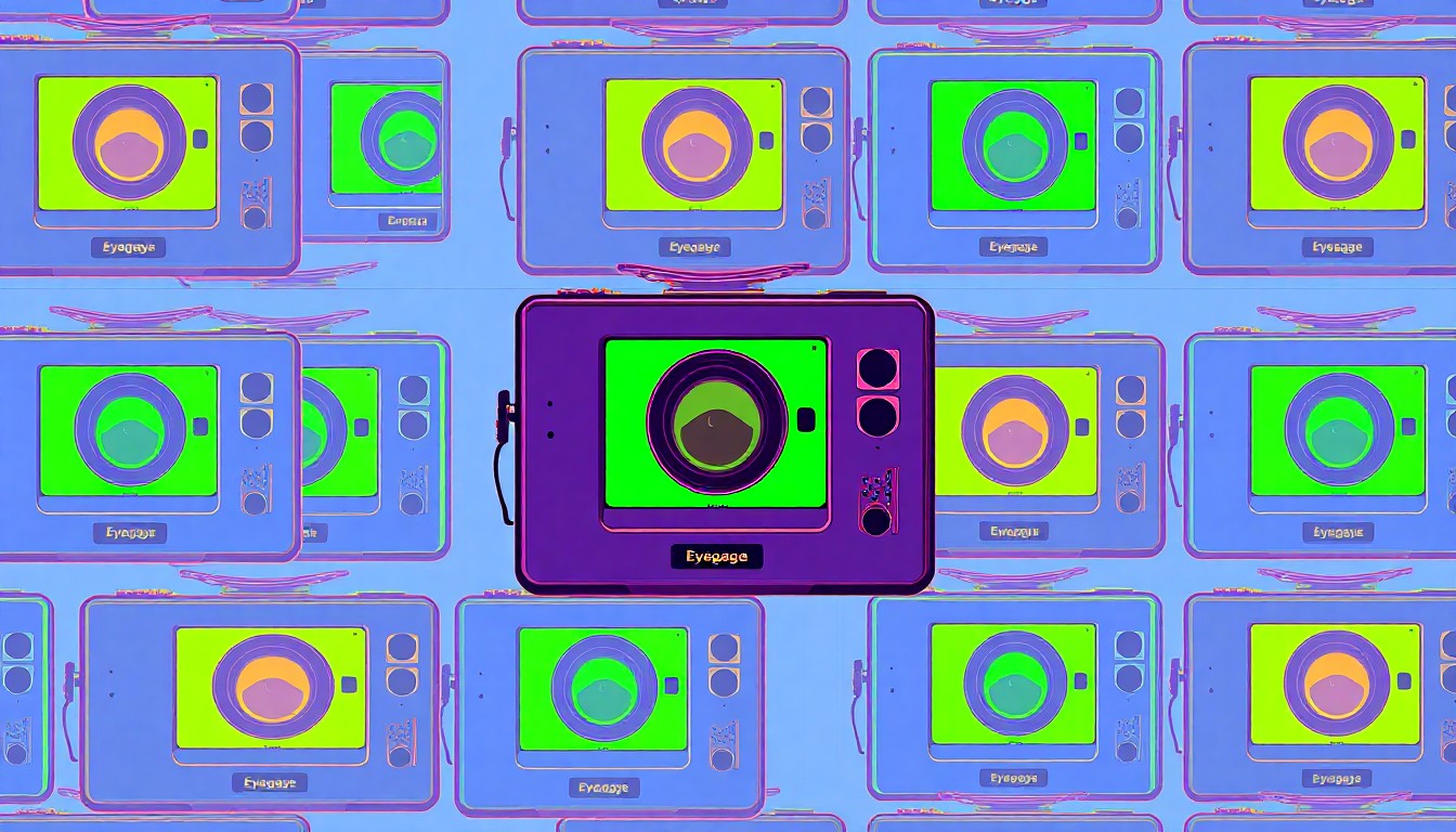 A brightly colored, high-contrast silkscreen print of a specialized communication device like an Eyegaze Edge system, repeated in a tight grid pattern, conceptually representing the essential but expensive assistive technology used at the Nina Harris ESE Center.