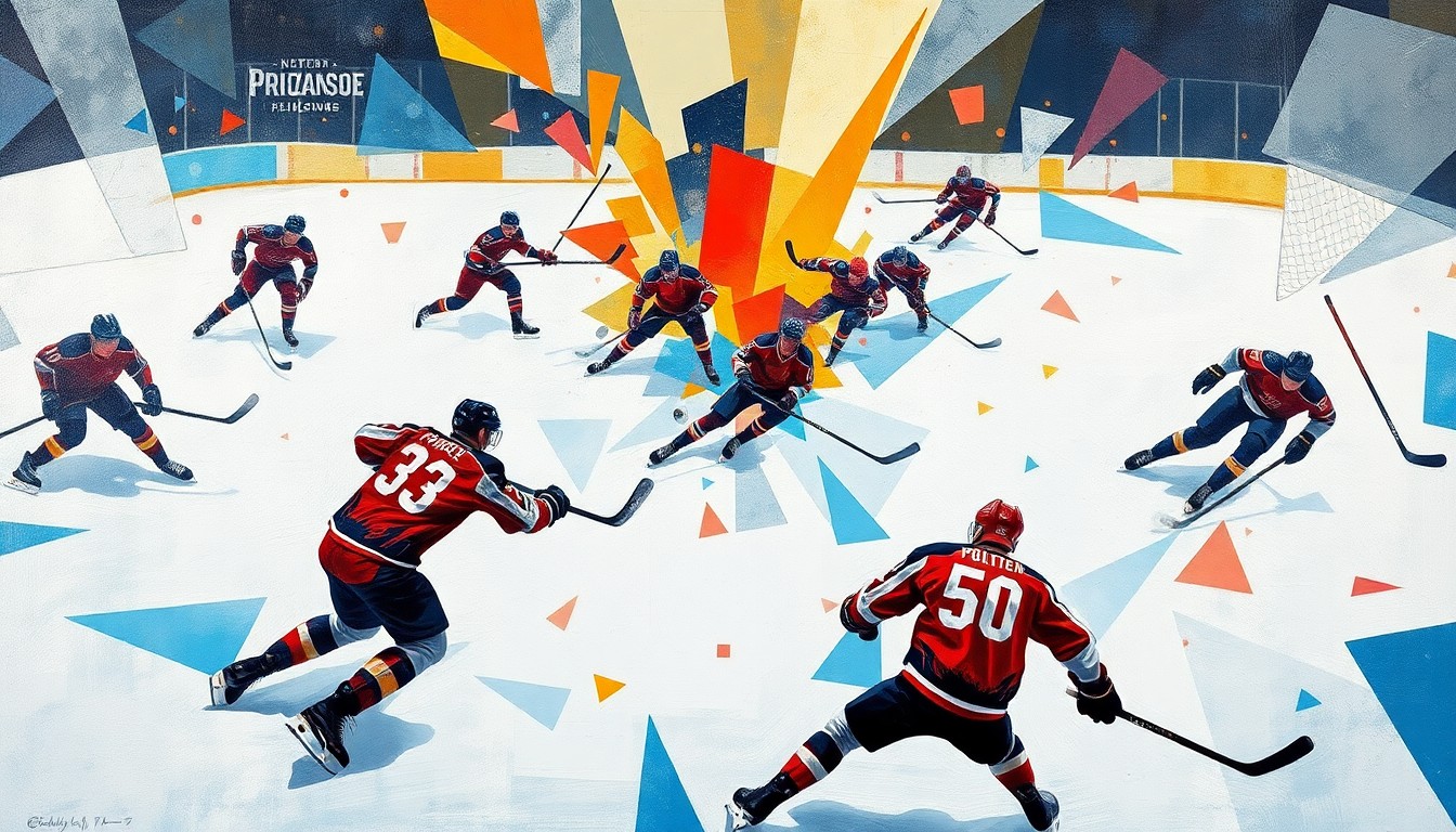 A cubist, geometric painting depicting the explosive energy and movement of a hockey game, with players and the ice deconstructed into abstract shapes and planes of color.