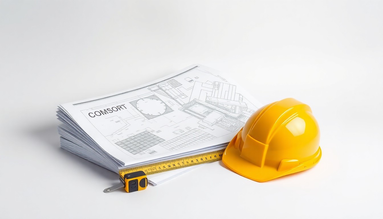 A photorealistic studio still-life featuring a stack of construction blueprints, a tape measure, and a hardhat arranged on a clean white background, conveying the abstract concepts of corporate strategy and market trends in the construction industry.