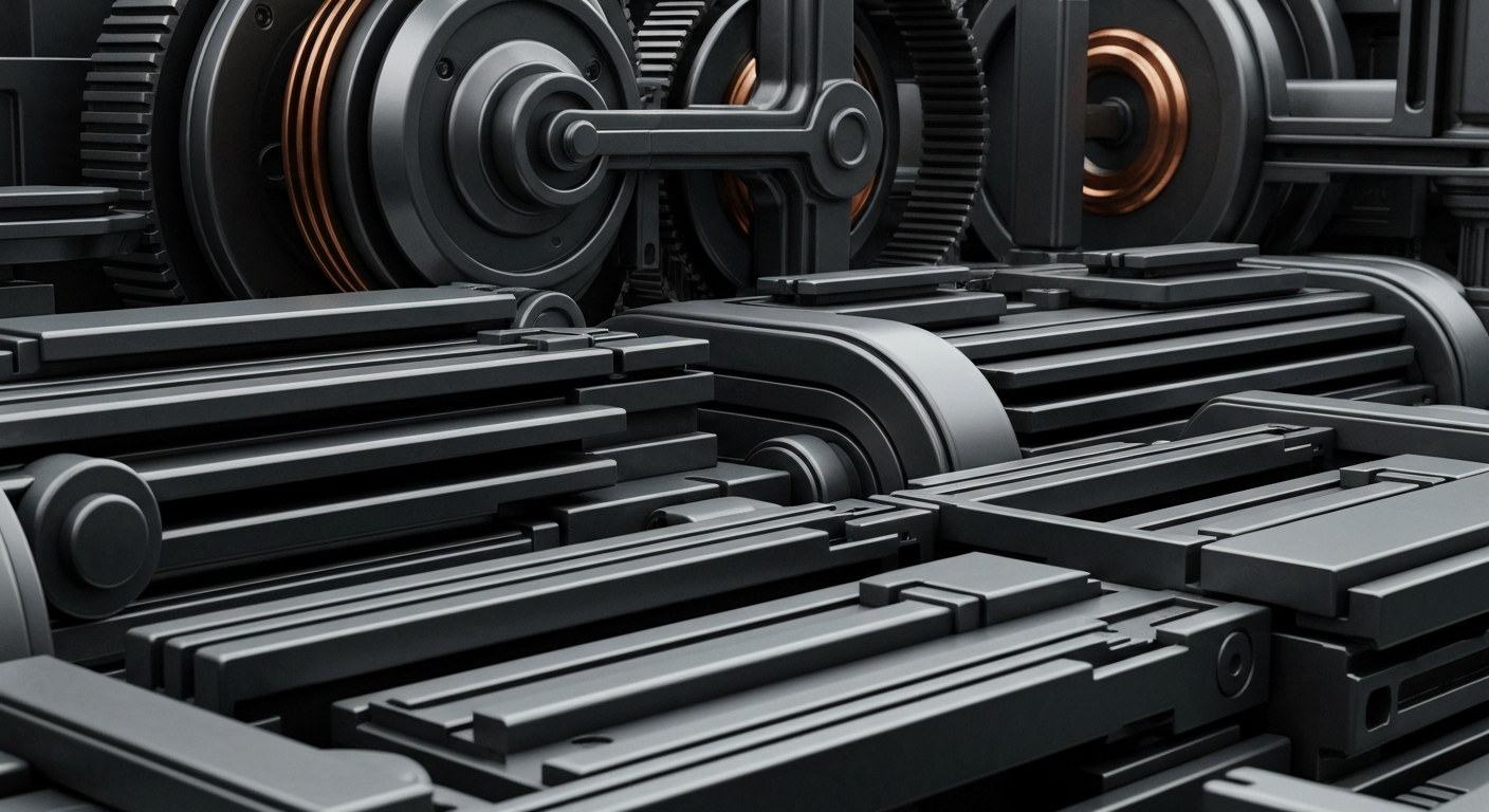 An extreme close-up of complex, industrial-looking machinery and equipment in shades of grey, copper, and black, conveying the intricate financial infrastructure and institutional investment behind Neurocrine Biosciences' biotech operations.