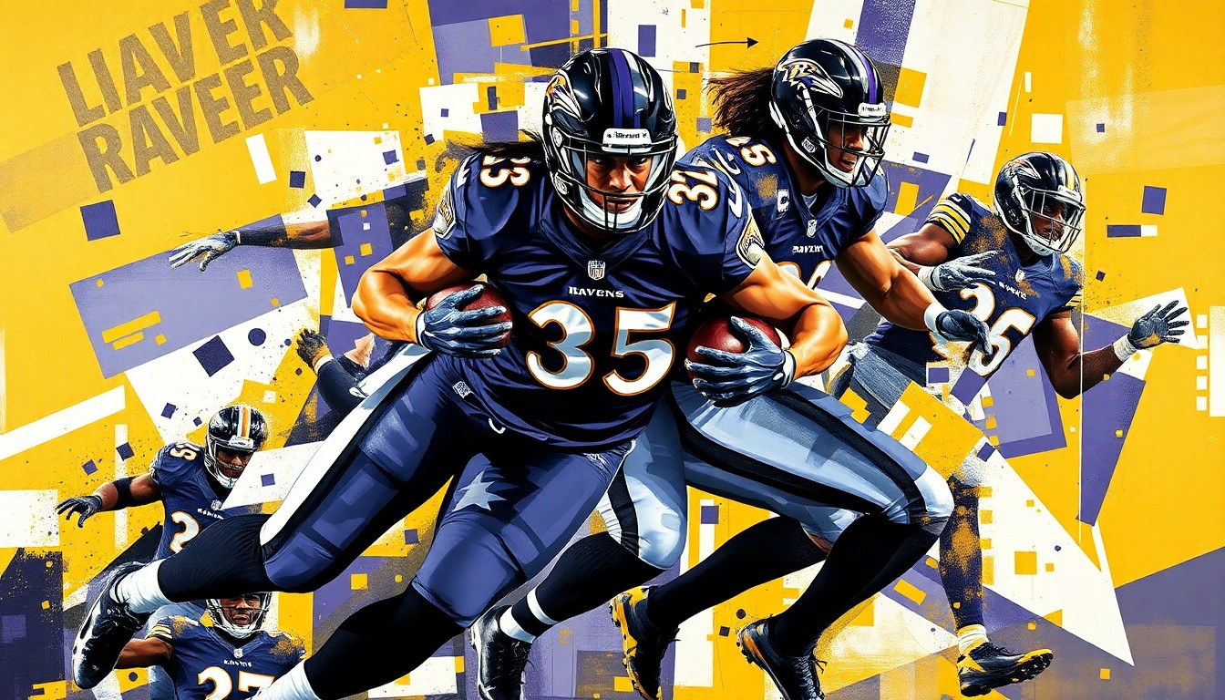 A cubist, geometric painting depicting a football player in motion, their body and movements fragmented into sharp, overlapping planes of purple, black, and gold, representing the strategic complexities of a failed NFL trade.