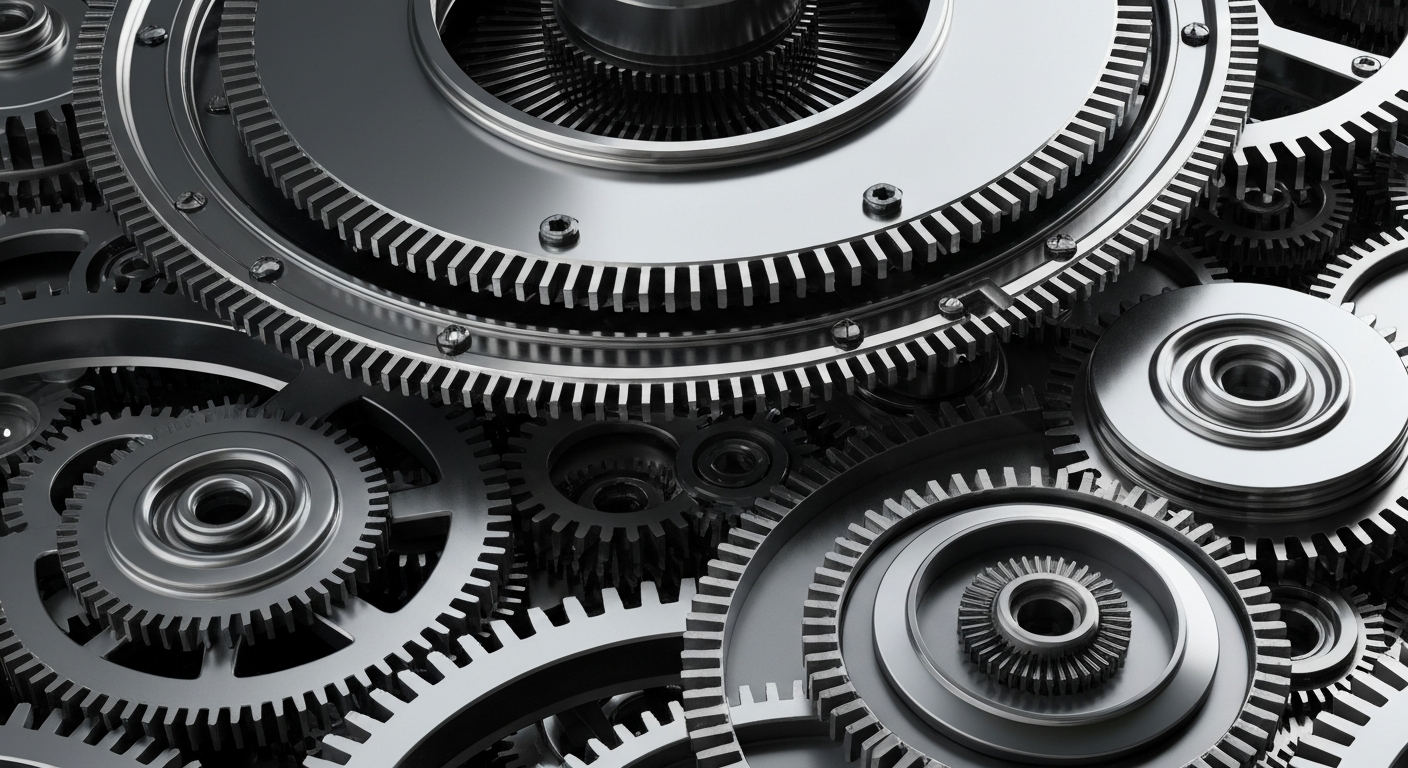 An extreme close-up of heavy, industrial banking machinery and gears in shades of silver, steel, and black, conceptually representing the complex financial infrastructure and institutional power behind investment decisions.