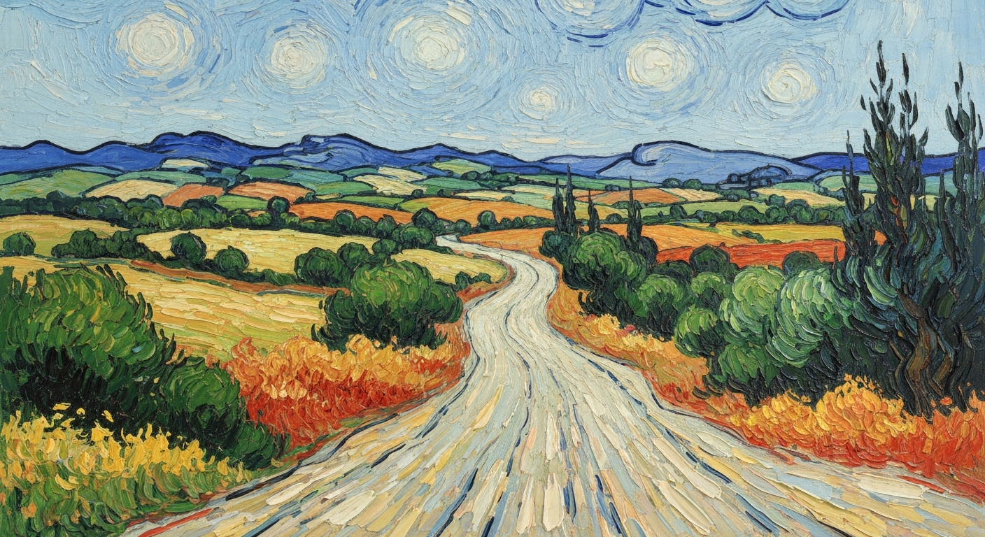 A textured oil painting landscape in the style of Vincent Van Gogh, with thick, expressive brushstrokes depicting a winding road through a lush, colorful countryside, capturing the motion and energy of a summer road trip.