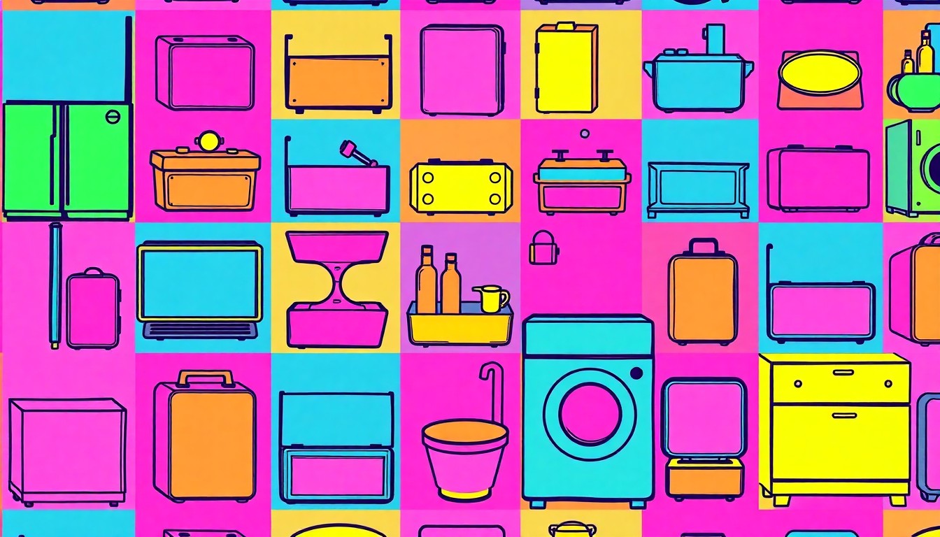 A high-contrast, silkscreen-style illustration featuring a repeated pattern of a sleek kitchen appliance or bathroom fixture in a bold, neon color palette, conceptually representing the refined elegance of a luxury home.