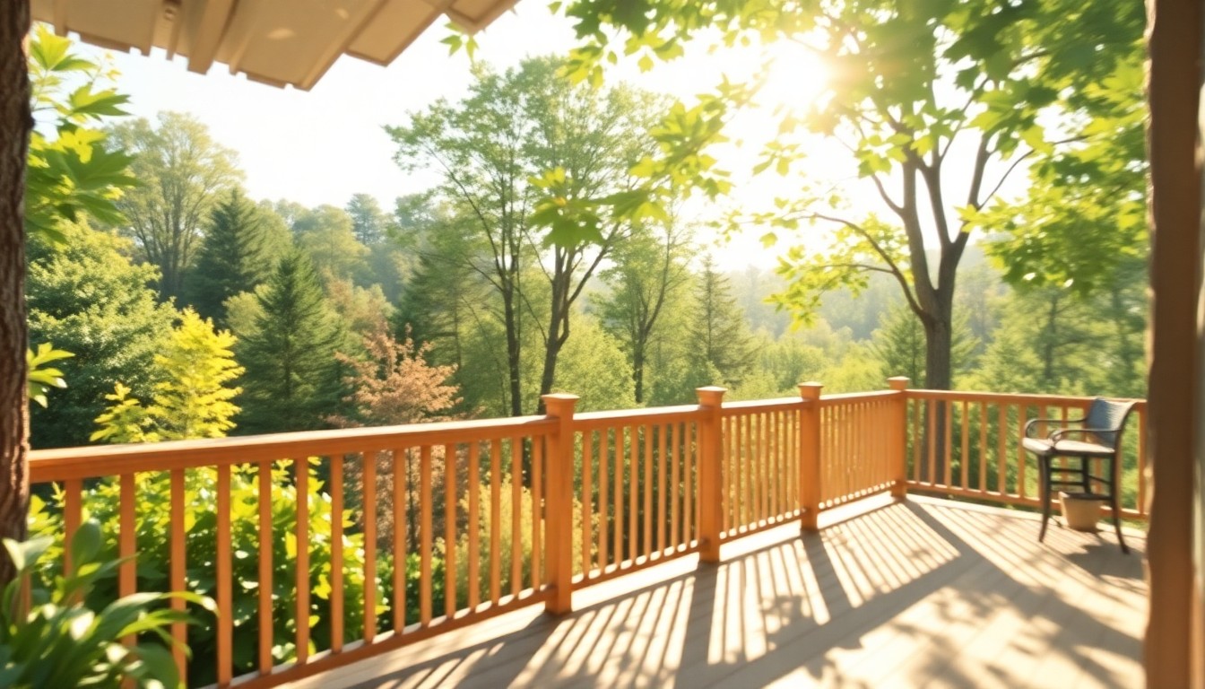 A dreamy, out-of-focus photograph featuring a wooden deck overlooking a dense, green forest, conveying a sense of tranquility and connection with nature.