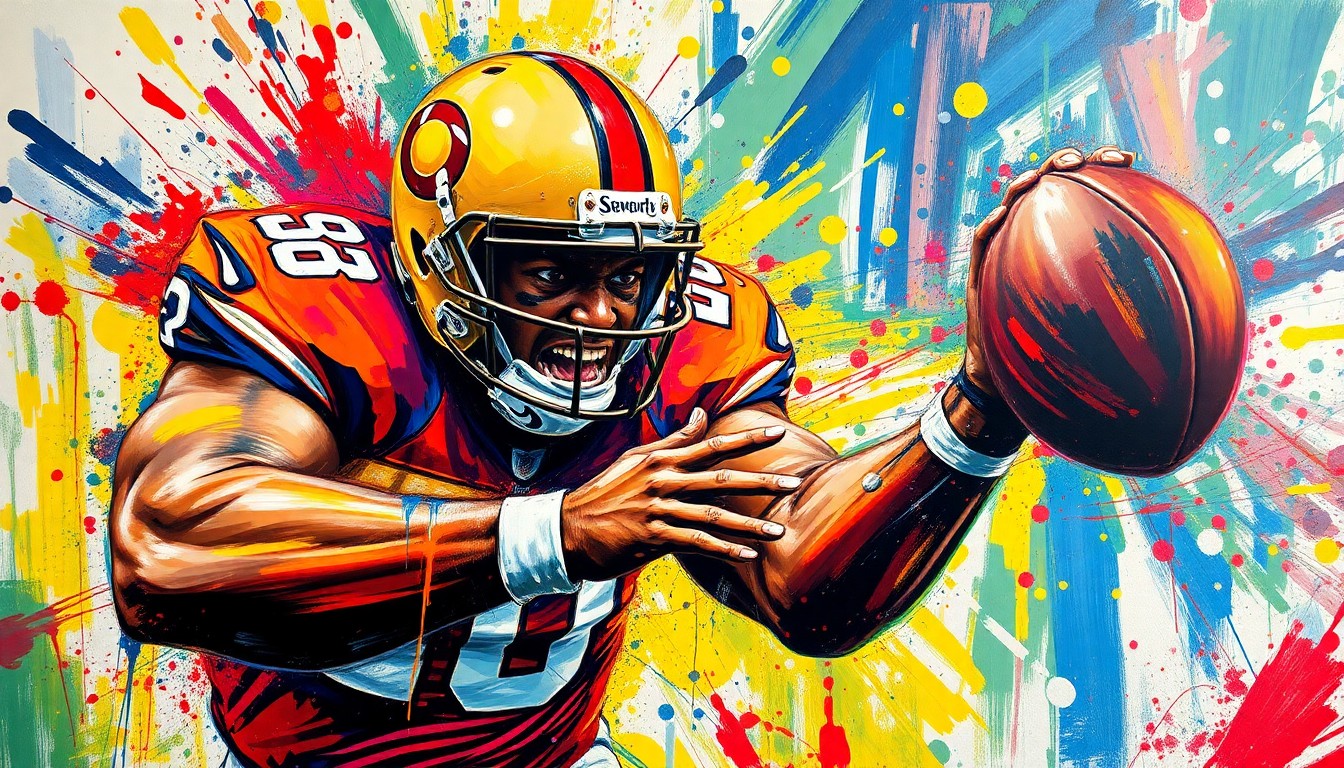 A vibrant, expressionist painting in neon colors depicts an edge rusher in a blurred, dynamic motion, conceptually representing Rueben Bain's relentless pass rushing ability.