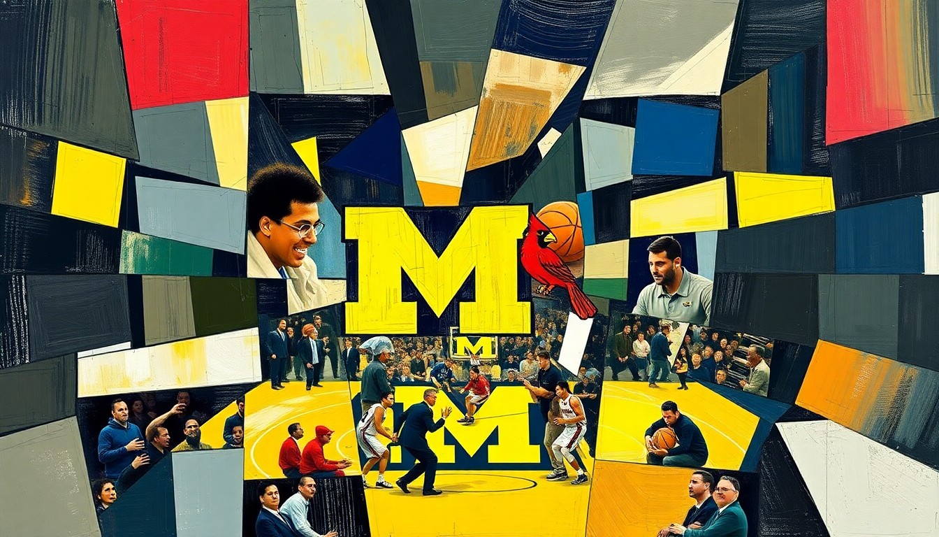 A cubist, geometric painting depicting the action and energy of the Michigan Wolverines' Sweet 16 victory over the Louisville Cardinals, with sharp, overlapping planes of color and form representing the game's key moments and momentum shifts.