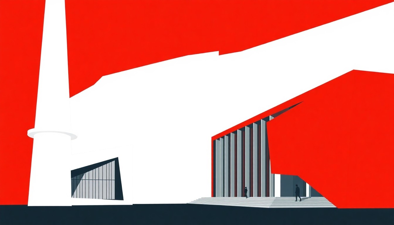 A minimalist, abstract illustration featuring bold, jagged geometric shapes in red and white, conceptually representing the architectural elements and cultural exchange of the new Centre Pompidou Hanwha museum in Seoul.