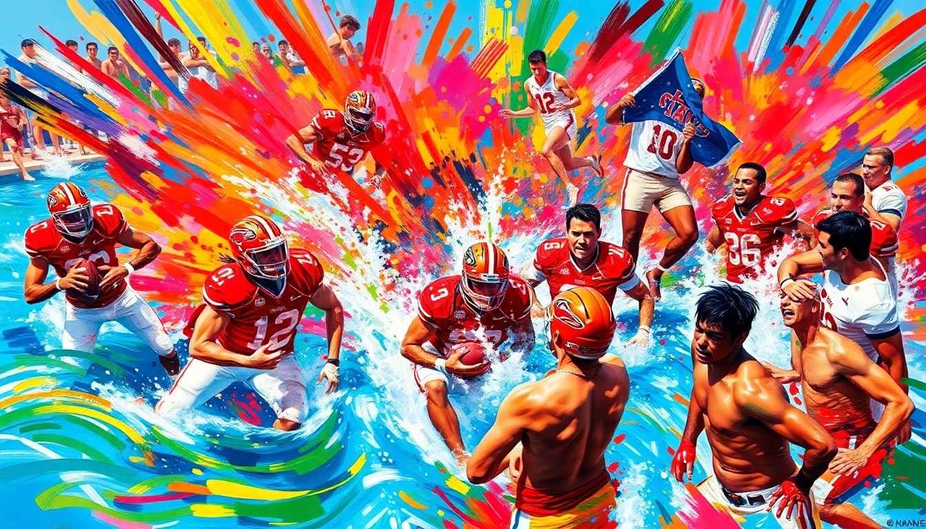 An abstract, energetic painting with vibrant neon brushstrokes capturing the excitement and movement of a college football recruiting pool party, where players and recruits interact in a blur of color and activity.
