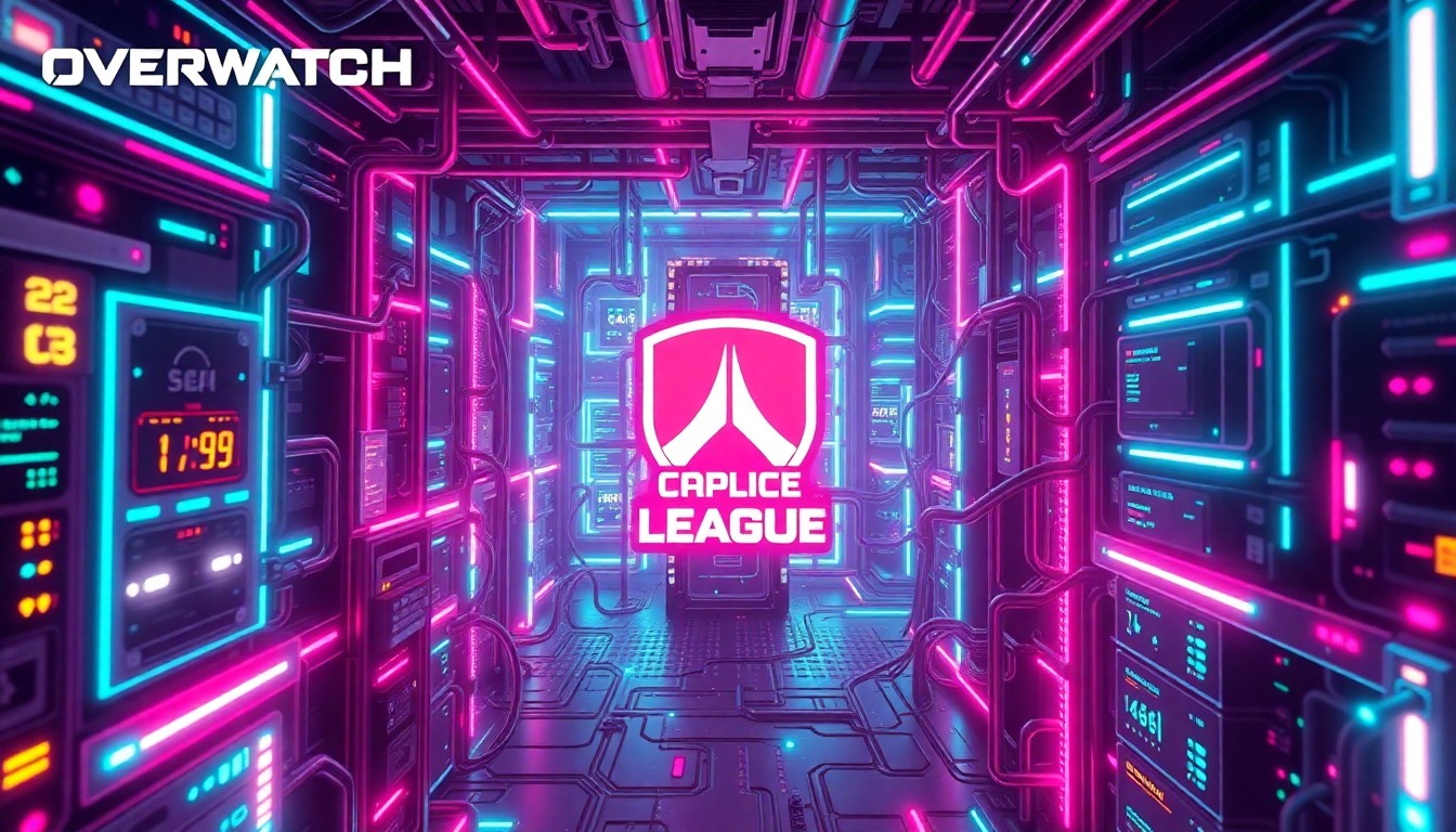 A highly detailed, glowing 3D illustration of the intricate digital infrastructure behind the Overwatch League, with neon cyan and magenta lights illuminating the complex web of servers, cables, and data centers, conceptually representing the hidden technological and financial challenges faced by the gaming industry.