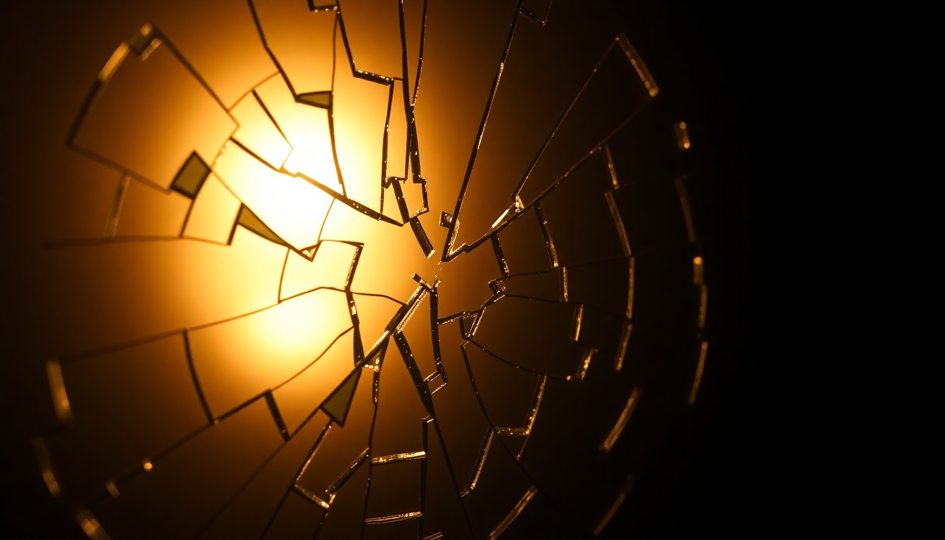 An extreme close-up of a shattered mirror reflecting a soft, glowing light, conceptually representing the fragmented nature of celebrity identity and the collision of private and public life.