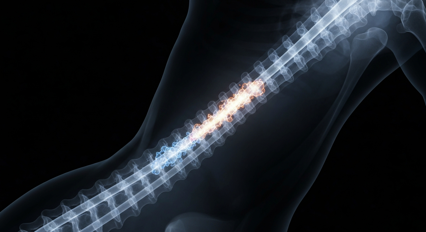 A translucent X-ray photograph reveals the intricate structure of a human spinal cord, with a faint glow highlighting the mutated FUS gene that is the focus of an experimental treatment to prevent ALS.