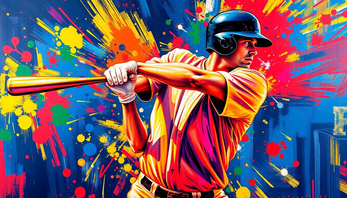 An abstract, expressionist painting in vibrant neon colors, capturing the raw power and energy of a baseball player mid-swing, with the batter's face and details dissolving into a dynamic, colorful blur.