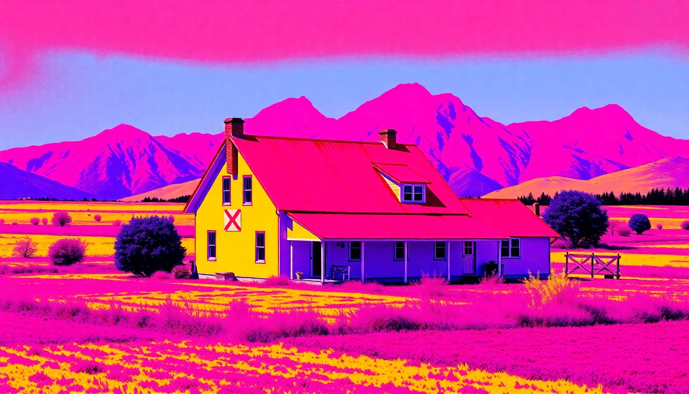 A brightly colored, high-contrast silkscreen print of a rural country home with a red roof, surrounded by open fields and mountains in the background, repeated in a tight grid pattern, conceptually representing the flexibility and investment potential of this rare Reno-area acreage listing.