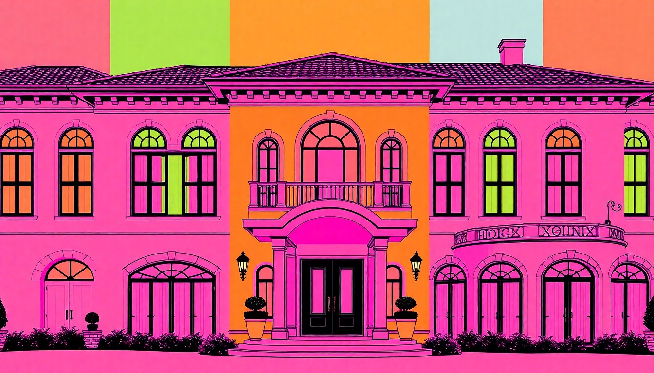 A brightly colored, high-contrast silkscreen print of a grand, ornate luxury home exterior repeated in a tight grid pattern, utilizing flat, vibrant neon color palettes and heavy black photographic outlines to transform the everyday real estate object into modern pop art.