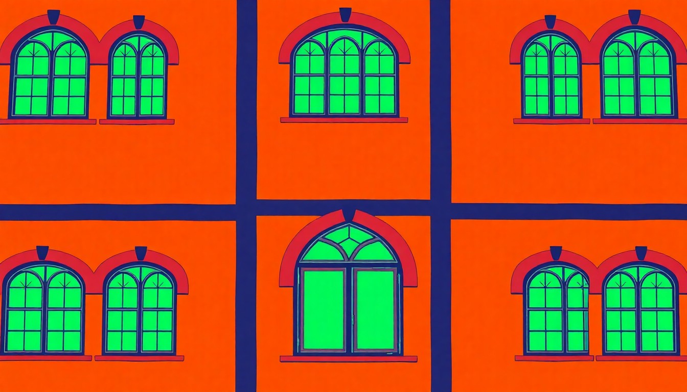 A high-contrast, silkscreen-style illustration featuring a repeated pattern of a single, iconic Tudor-style architectural element, such as an arched entryway or window, rendered in a bold, neon color palette that transforms the classic design into a modern pop art statement.