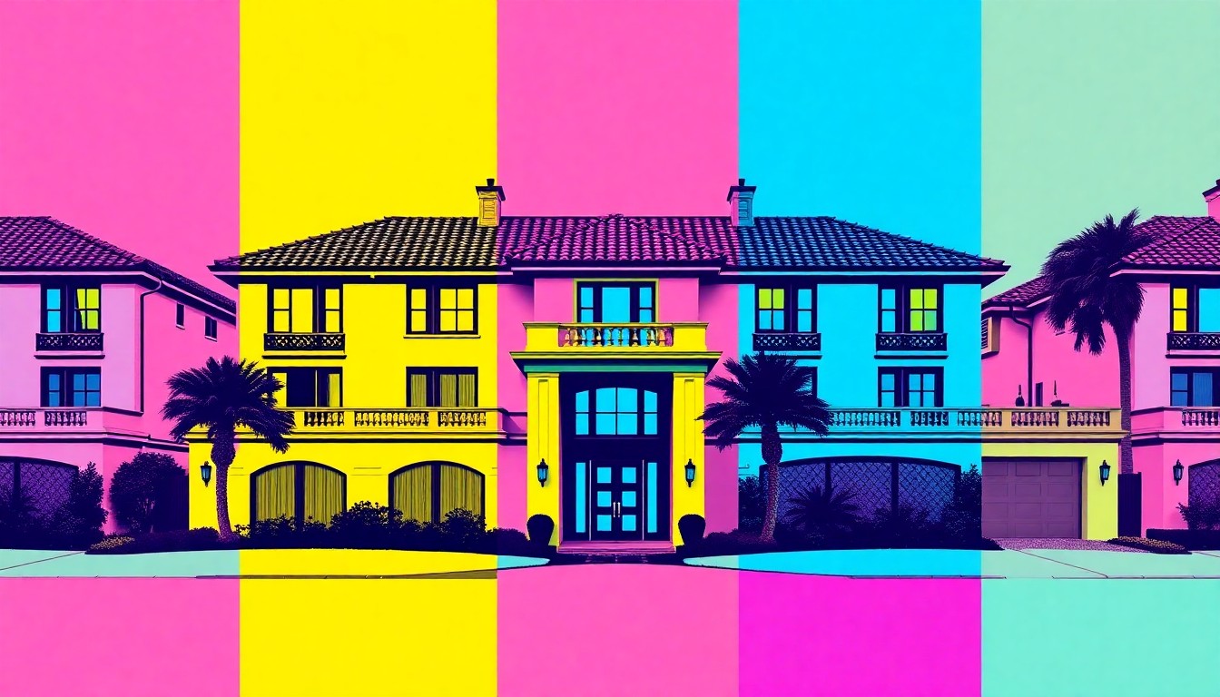 A brightly colored, high-contrast silkscreen print of the front facade of a luxury Craftsman-style home, repeated in a grid pattern with bold, unnatural colors and heavy black outlines, conceptually representing the modern, sophisticated design of the property.