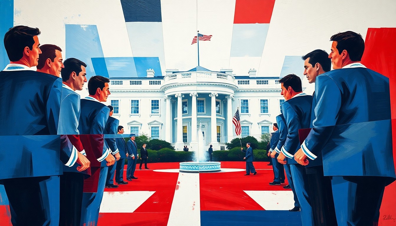 A cubist, geometric painting depicting the U.S. men's hockey team's visit to the White House in an abstract, fragmented style, using bold red, white, and blue colors to capture the energy and significance of the event.