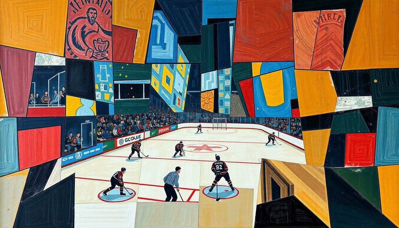A cubist-style painting depicting a hockey game broken down into sharp, overlapping geometric shapes and planes, capturing the dynamic energy and shifting perspectives of the sport.