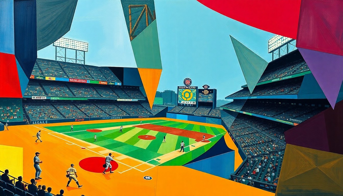 A cubist, geometric painting depicting a fragmented, multi-perspective view of a baseball game, with sharp, overlapping planes in the Ballers' team colors, conceptually representing the team's growth and transformation under new leadership.