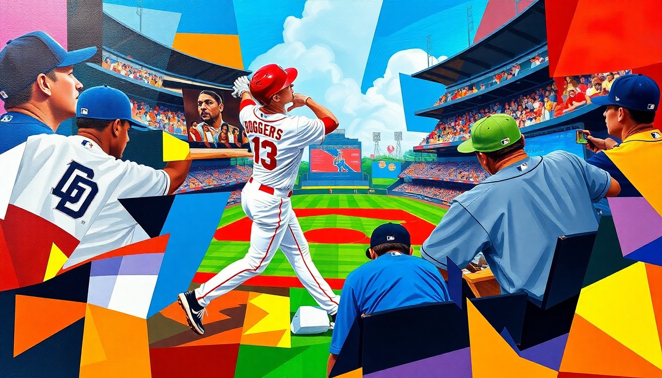 A cubist, geometric painting depicting the chaotic action of a baseball game, with sharp, overlapping planes of color representing the players, field, and stadium.