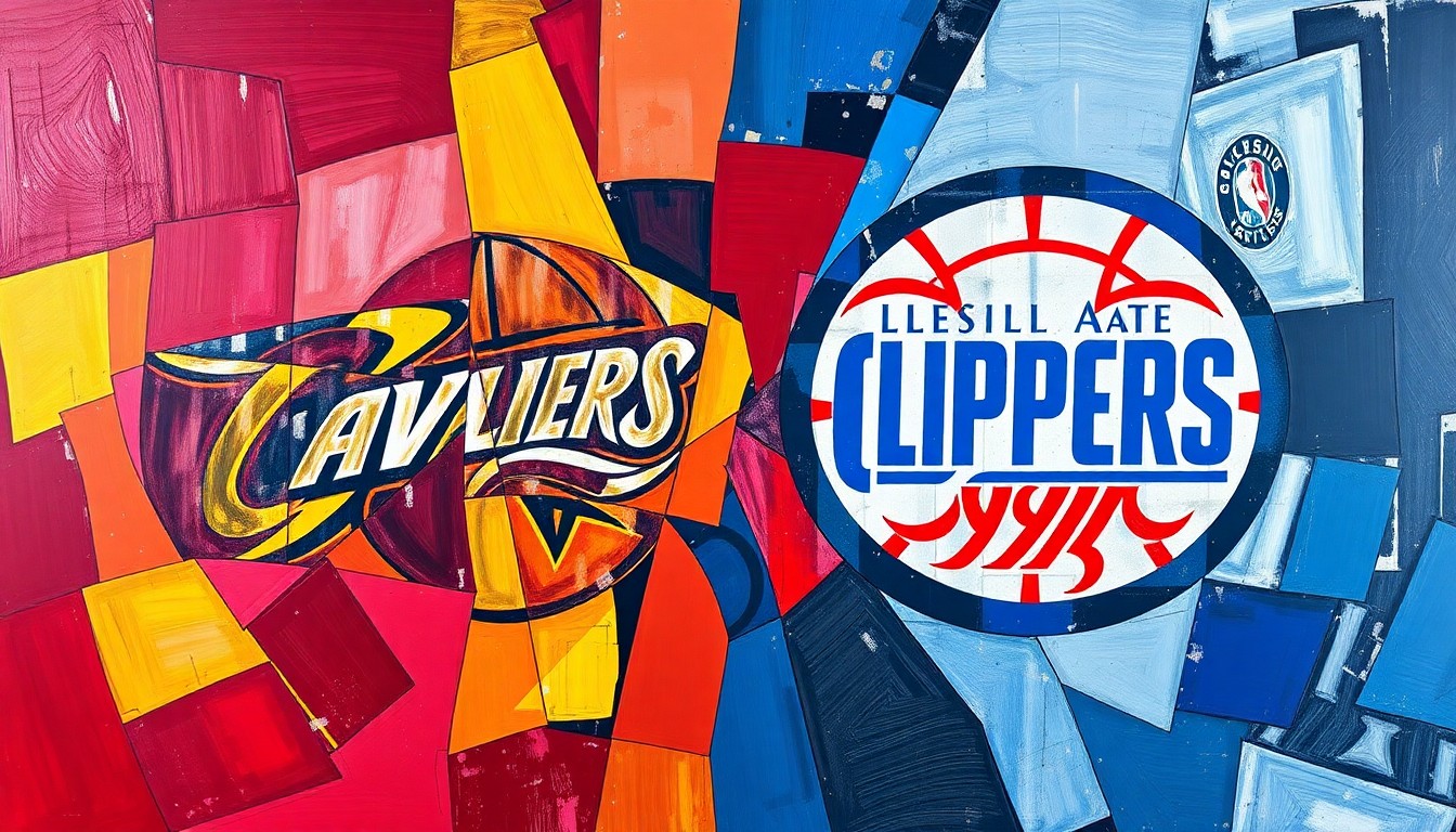 A fractured, geometric painting depicting a basketball game or match, with sharp, overlapping planes of wine red, gold, blue, red, and white, representing the official colors of the Cleveland Cavaliers and Los Angeles Clippers.