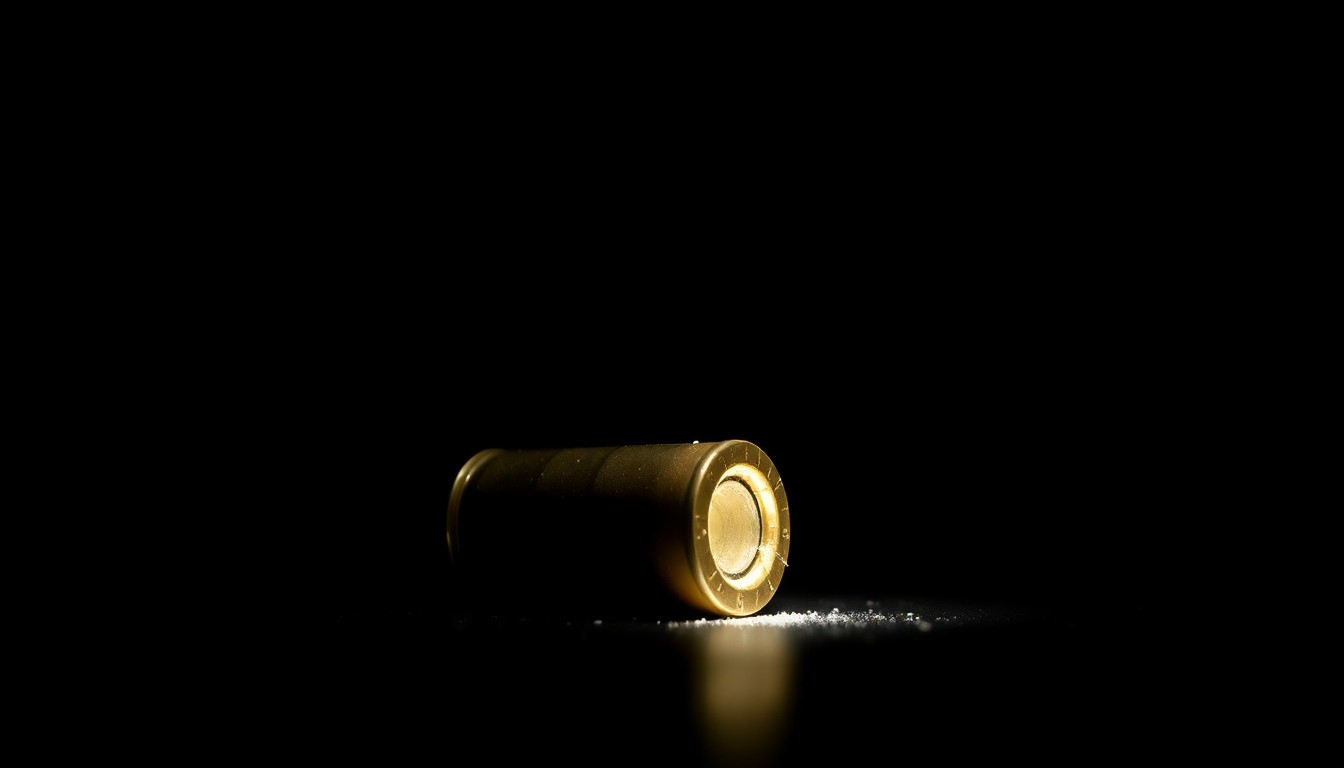 An extreme close-up photograph of a spent shell casing from a high-powered rifle, lit by a harsh, direct camera flash against a pitch-black background, conceptually illustrating the gritty details of a violent confrontation between police and a suspect.