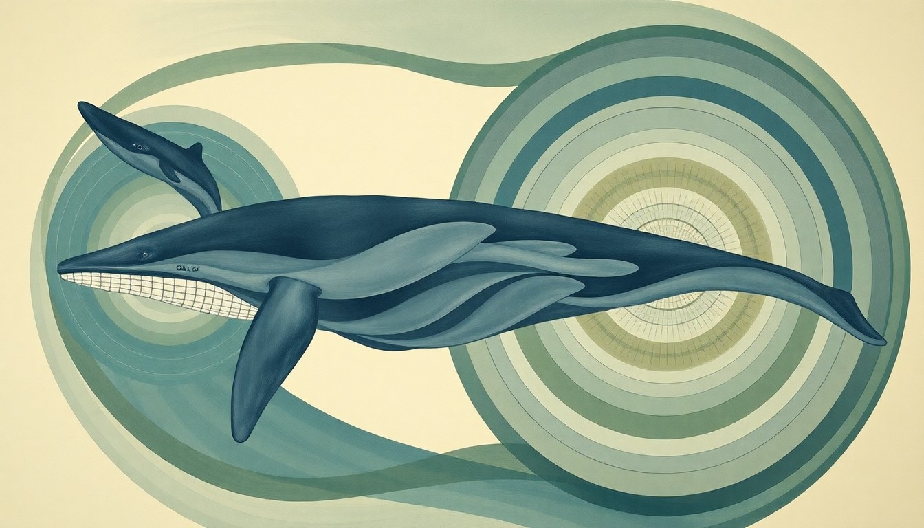 A highly structured, abstract painting in soft, earthy tones of green, blue, and gray, featuring sweeping geometric arcs, concentric circles, and precise botanical spirals, conceptually representing the delicate balance of the marine ecosystem and the challenges facing gray whales.