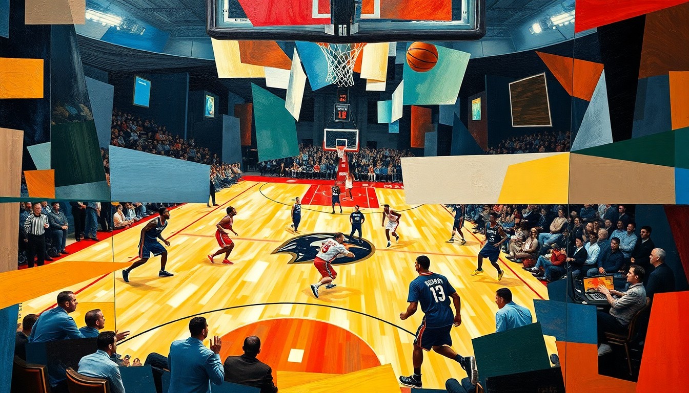A fragmented, multi-perspective painting depicting the action and energy of a basketball game between the Houston Rockets and Minnesota Timberwolves, with the players' movements and the game's intensity expressed through a cubist, geometric composition.