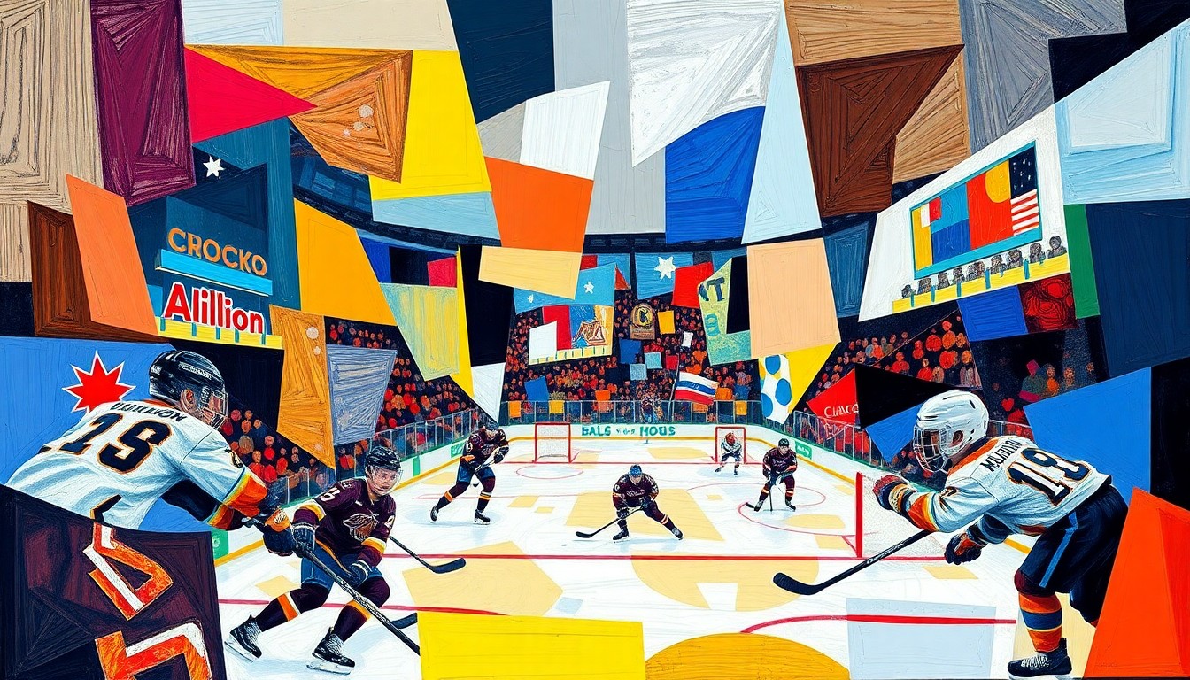 A cubist, geometric painting depicting a college hockey game, with sharp, overlapping planes of color representing the players, the action, and the energy of the sport.