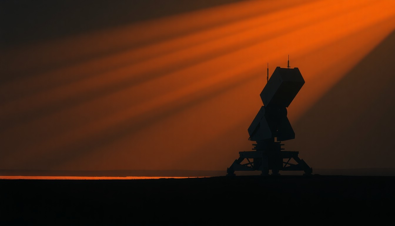 A photorealistic painting in the style of Edward Hopper, depicting a solitary Iranian military radar system or missile launcher in a quiet, urban setting, with warm sunlight casting deep shadows across the scene.