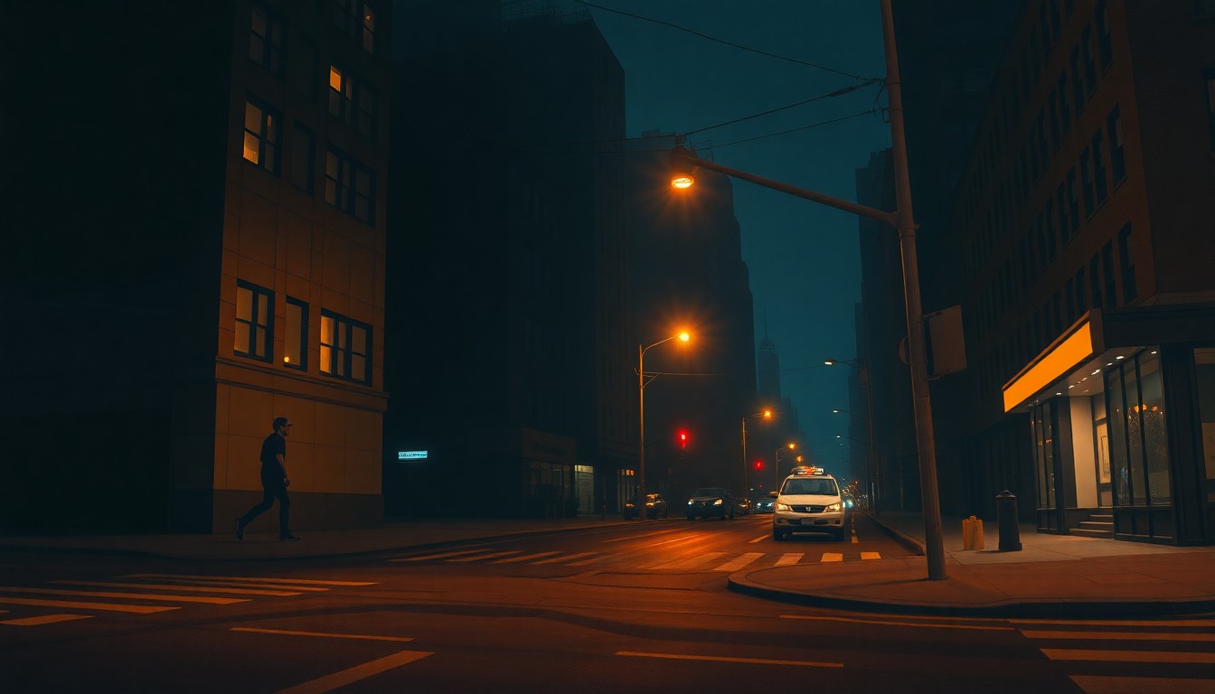 A dimly lit, cinematic street scene in New York City, with a lone figure standing on a corner under the glow of warm streetlights, conceptually representing the contemplative mood of the city's political transition.