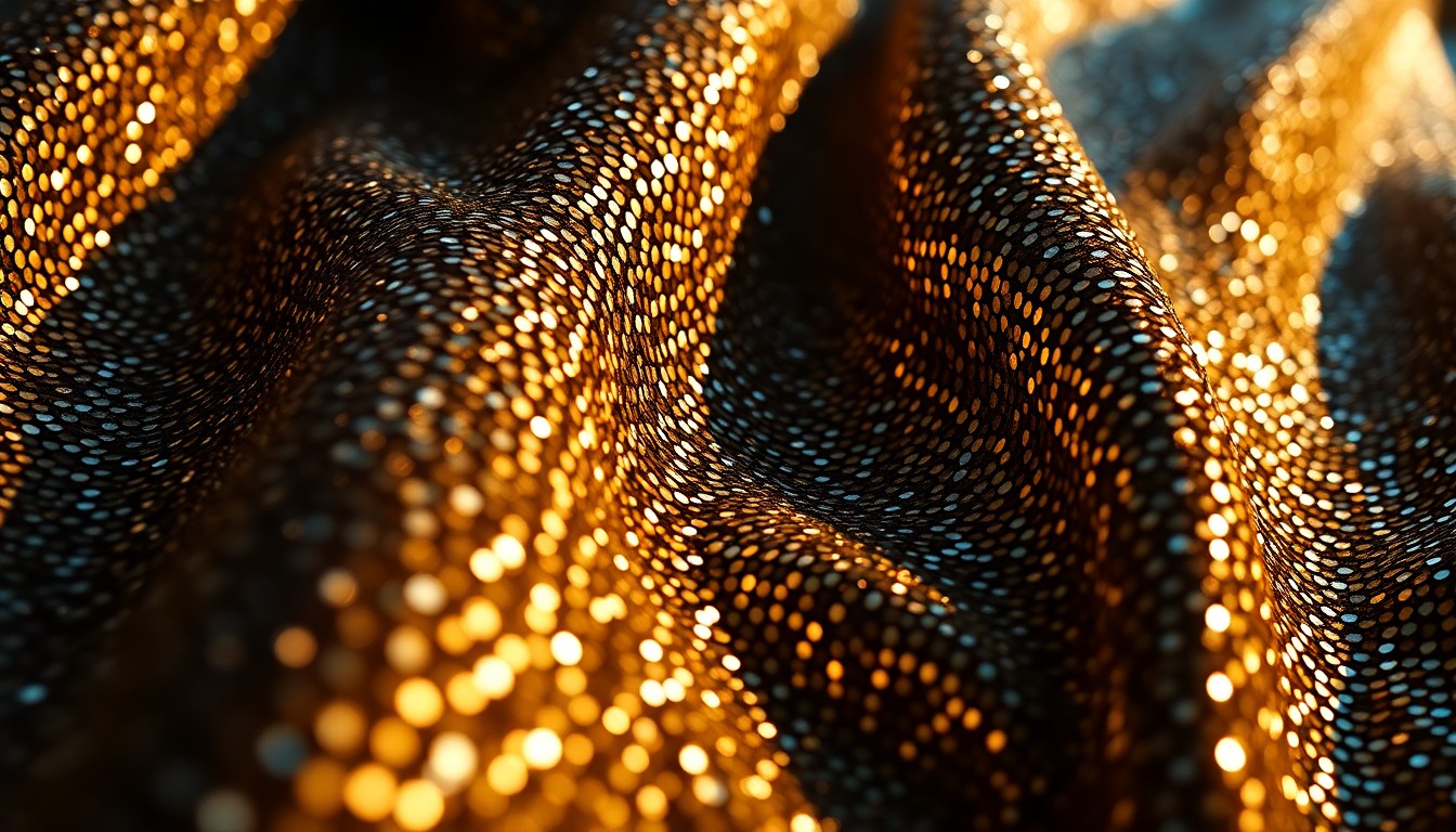 An extreme close-up of shimmering, textured fabric in vibrant colors, capturing the luxurious and celebratory mood of Simone Biles' birthday festivities.