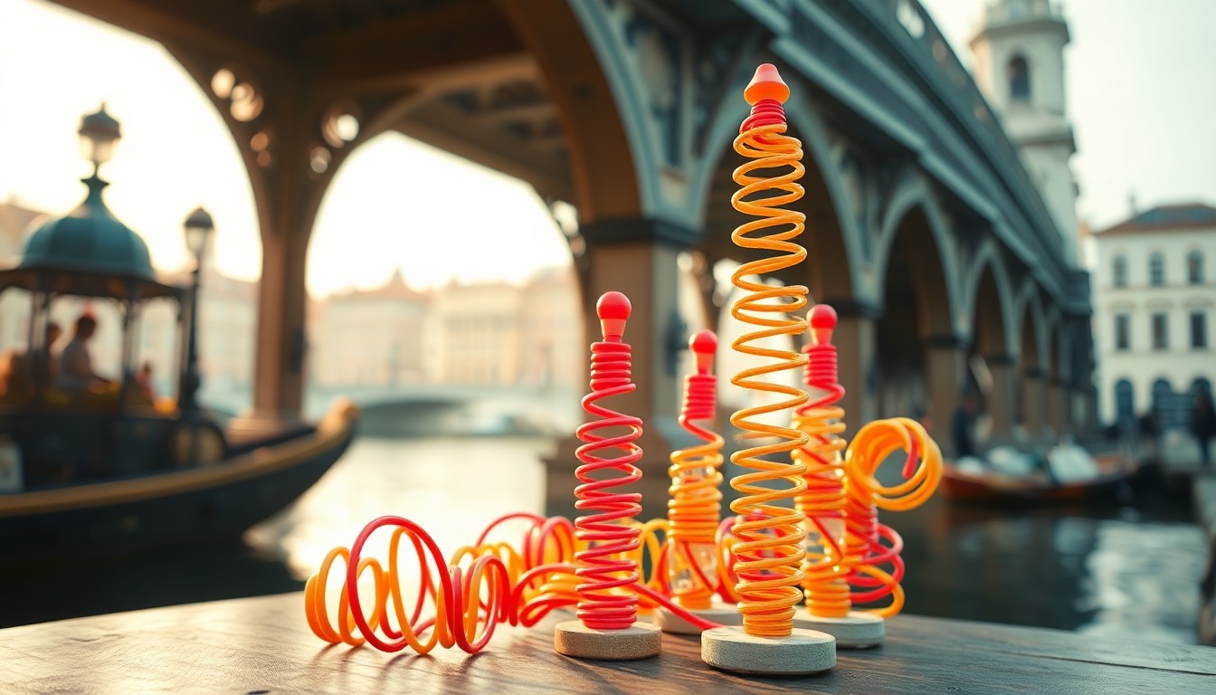 A dreamlike, impressionistic photograph showing the blurred outlines of Slinky toys in various poses, set against a hazy, out-of-focus background of historic canal artifacts and architecture, conveying a sense of playful nostalgia and the merging of old and new.