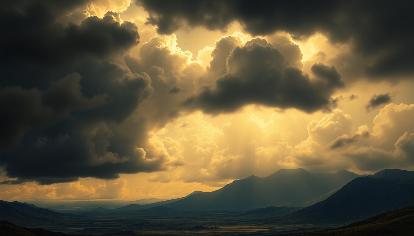 A dramatic landscape painting in muted tones, with a vast, stormy sky dominating the frame and dwarfing any visible structures or objects below.