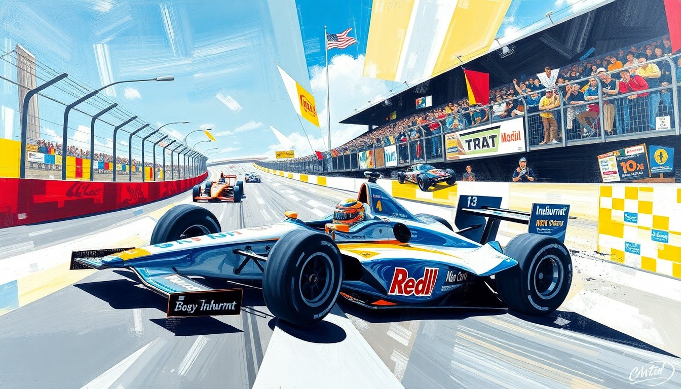 A cubist-style painting depicting an IndyCar race scene, with the car and driver's movements broken down into sharp, overlapping geometric shapes and planes, conveying the speed and energy of the sport.