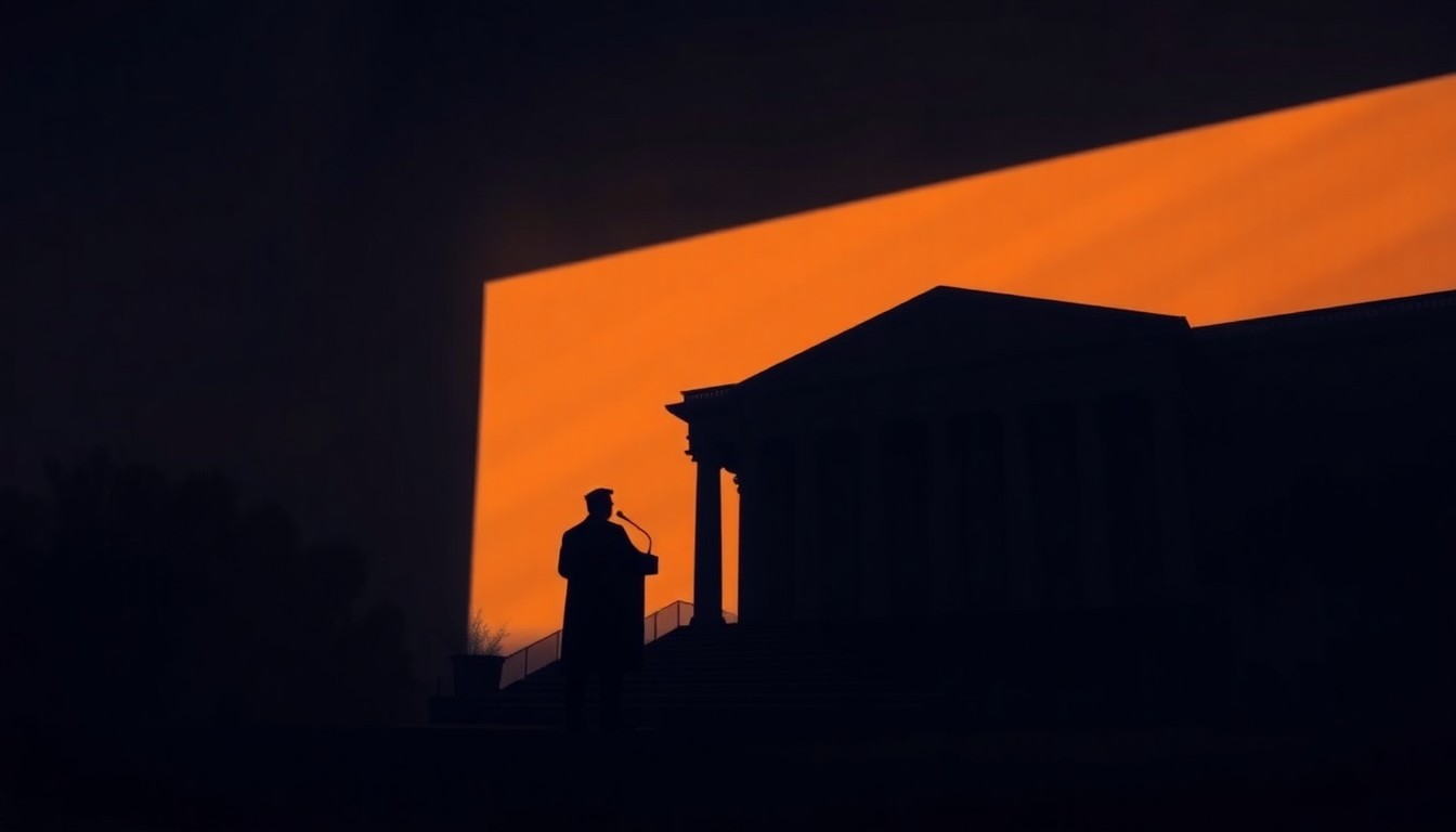 A dimly lit, cinematic painting of an empty government building or podium, with warm sunlight streaming in through the windows and deep shadows casting a pensive mood, conceptually representing the political tensions surrounding the president's health.