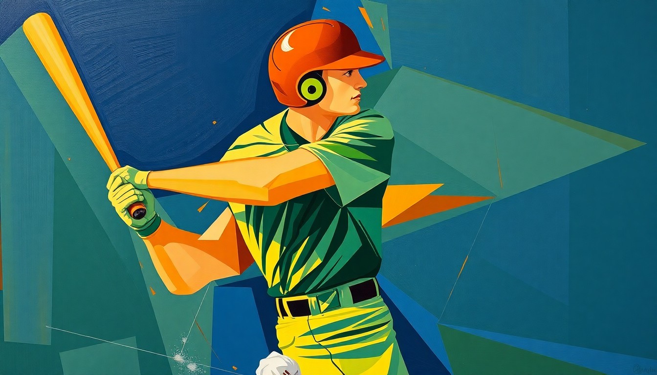 A fragmented, geometric painting depicting the various angles and planes of a baseball player's batting stance and swing, rendered in a bold, cubist style using shades of blue, green, and orange.