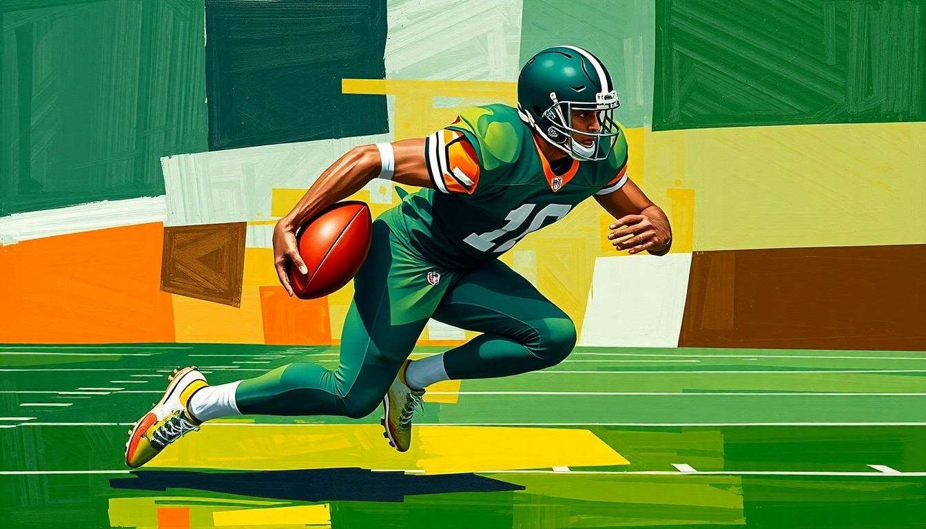A fractured, geometric painting depicting a running back in motion, their body and the field broken down into sharp, overlapping planes of deep green, navy, and orange, capturing the raw power and energy of the sport.