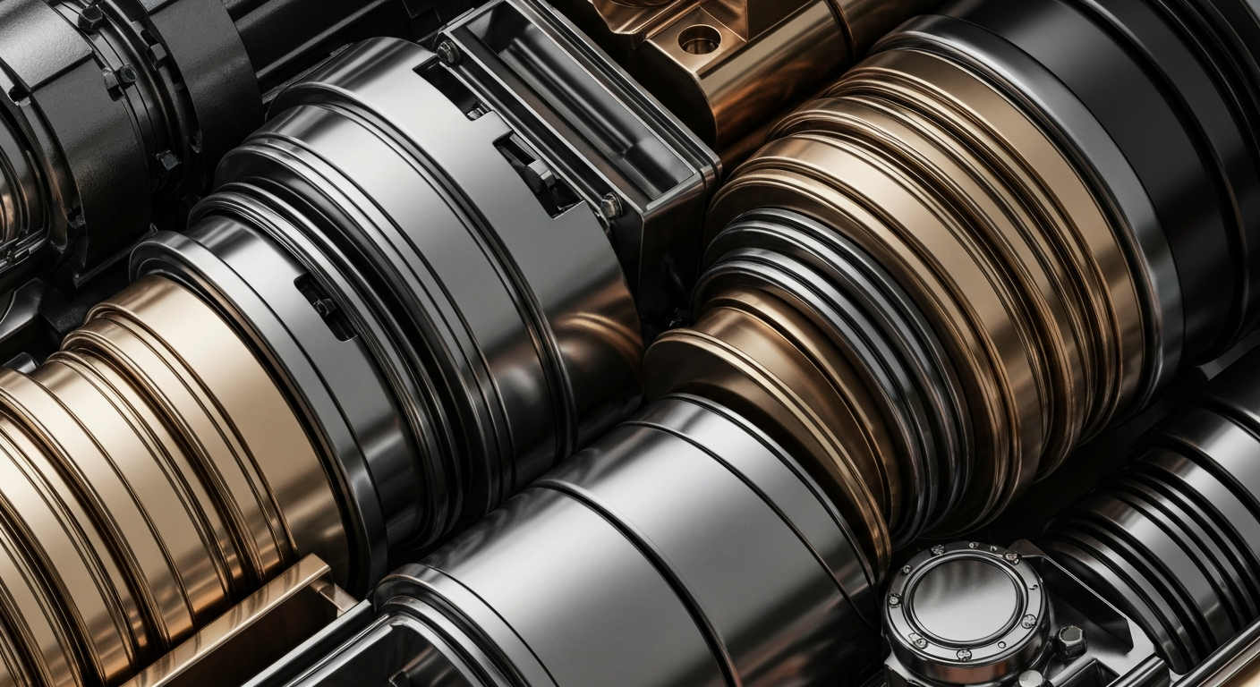 An extreme close-up of intricate, interlocking industrial machinery and equipment, conveying a sense of the company's financial strength and reliability as a diversified manufacturer.