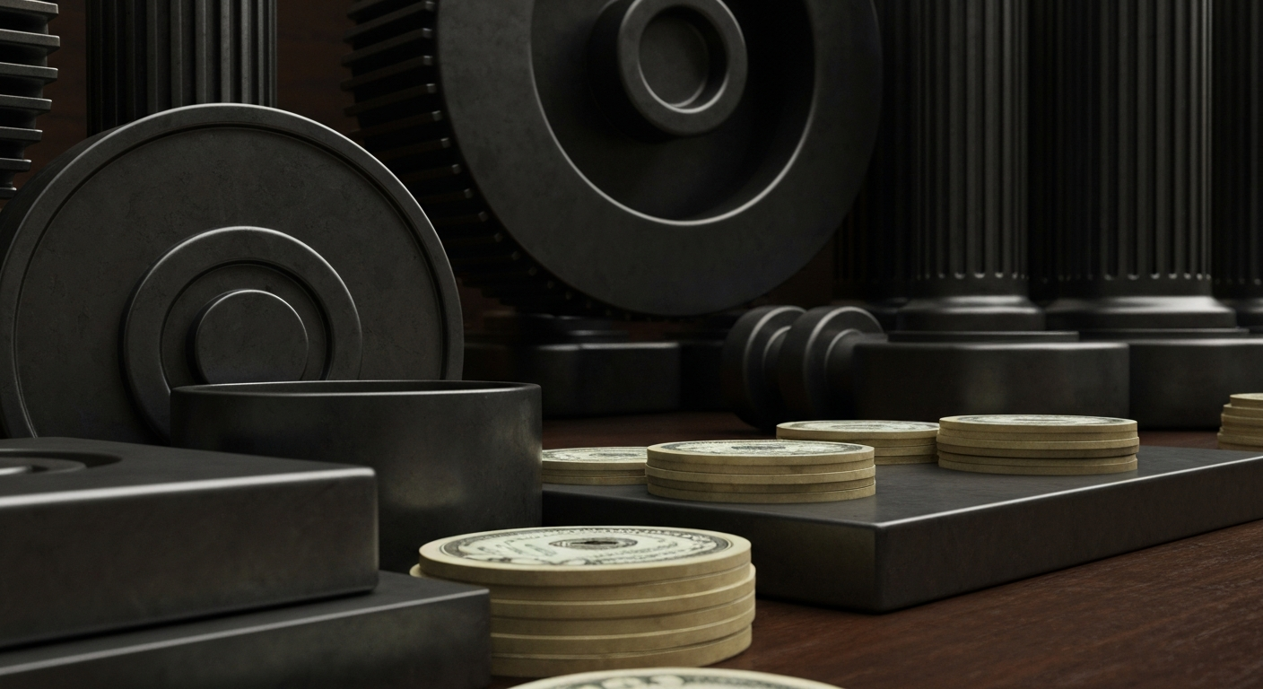 An extreme close-up of industrial banking equipment and mechanisms, conveying the tangible, physical nature of financial systems without depicting any literal currency or charts.